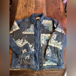 We The Free Quilted Patchwork Denim Shirt Jacket in Blue and Cream